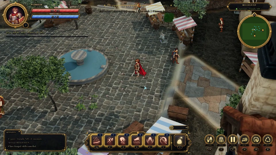 Illustrated adventurers among striped market stalls, trees and a stone fountain in Bellhaven